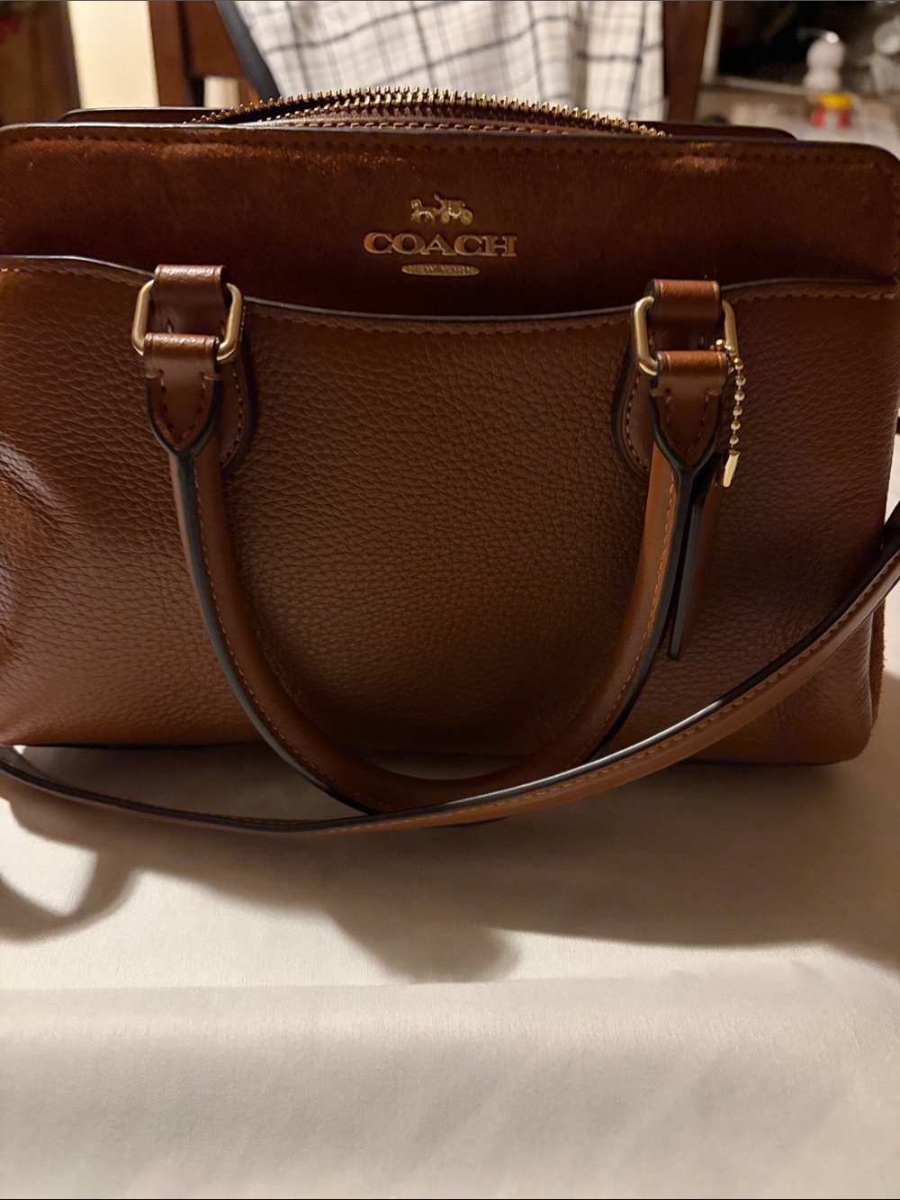 Coach Brown Pebbled Leather Crossbody Satchel with Gold Hardware